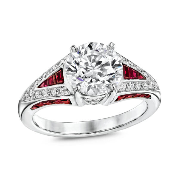 Round Brilliant Cut Diamond and Baguette-Cut Ruby Ring